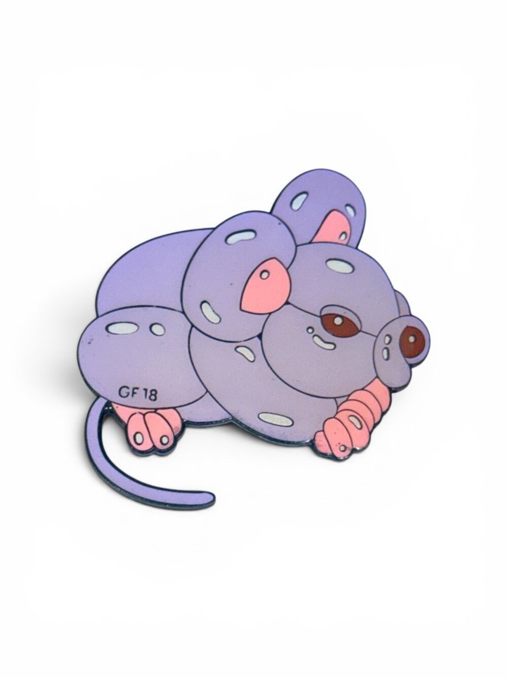 Light Purple Mouse Enamel Pin with Pink Details Stamped GF 18 on Front